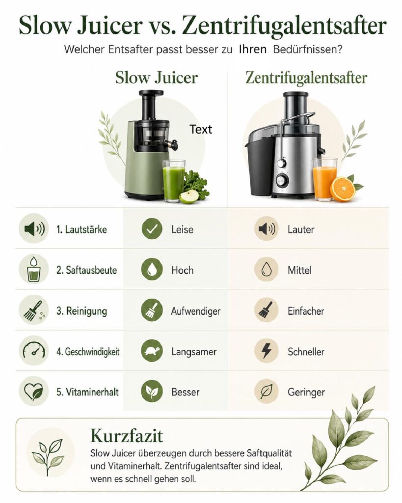 Slow Juicer vs. Zentrifugalentsafter Infografik auf einen Blick
